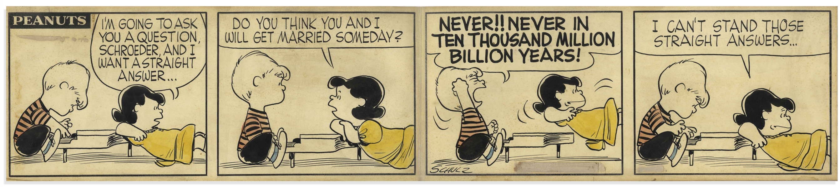 Charles Schulz Original Hand-Drawn Peanuts Comic Strip From 1956 -- Schroeder Breaks It to Lucy That Theyre NEVER!! Getting Married!